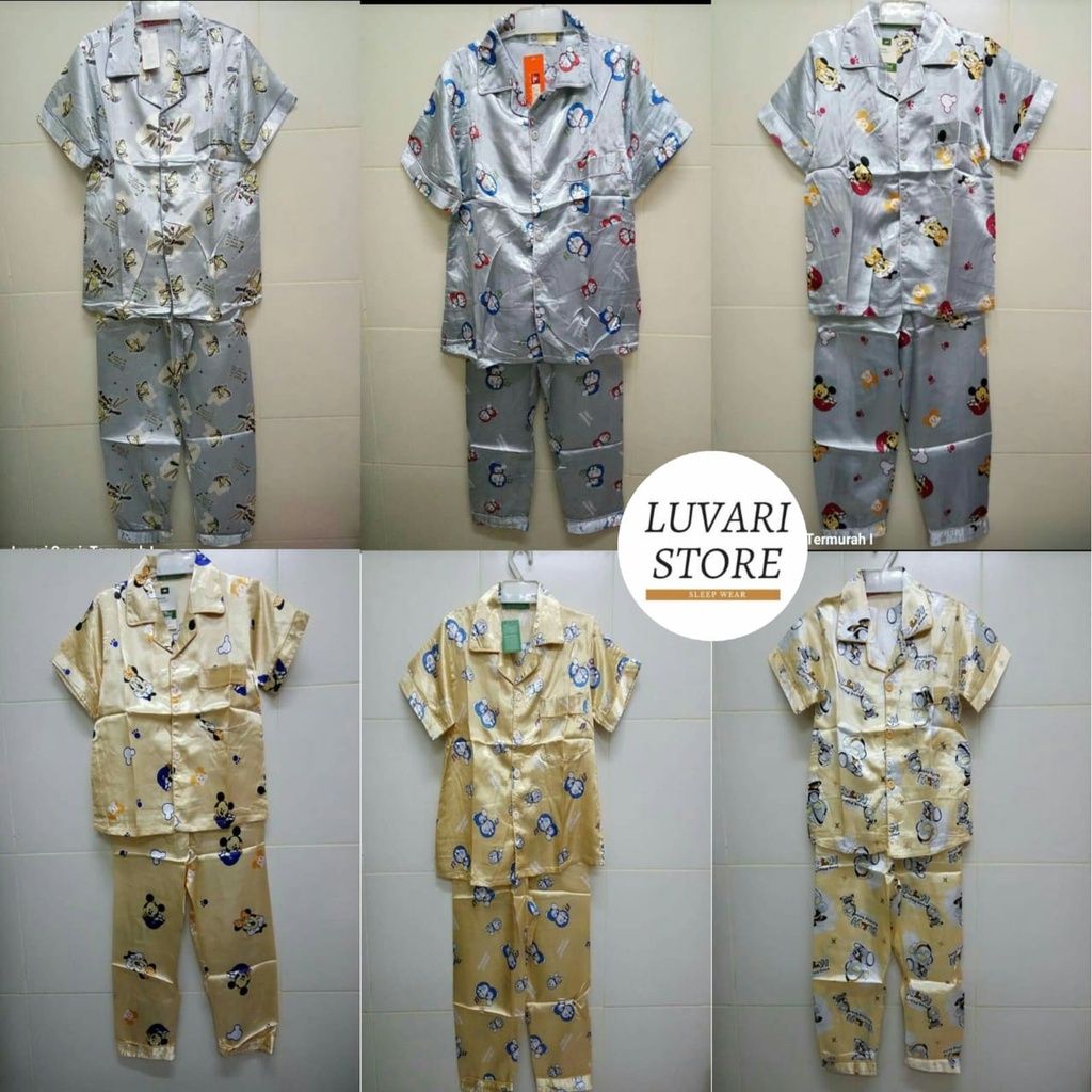 Baju Tidur Piyama Anak Silk Lengan Pendek Celana Panjang Karakter
