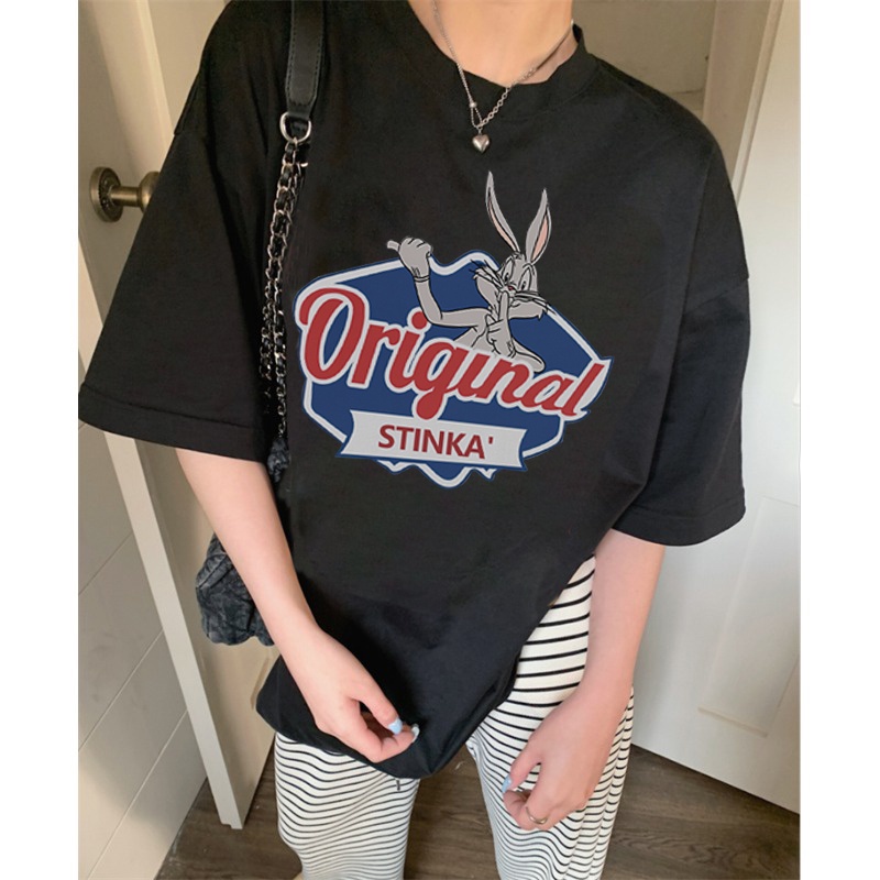 EUNII T-shirt Lengan Pendek Retro Cartoon Rabbit  Korean Style/Baju Kaus Oversize Wanita/Kaos Wanita