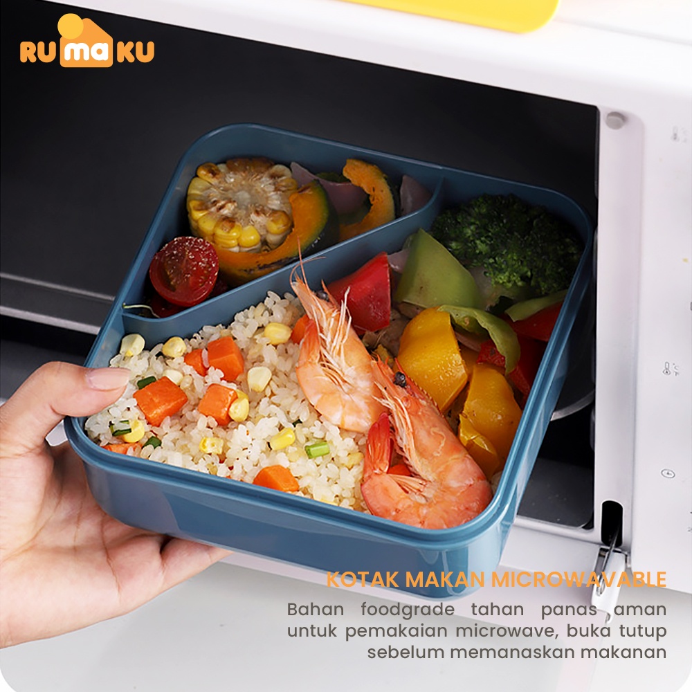 Rumaku Tempat Makan Kotak Makan Lunchbox Bekal 2 Grid 1000 ml Gratis Sendok&amp;Garpu BPA FREE