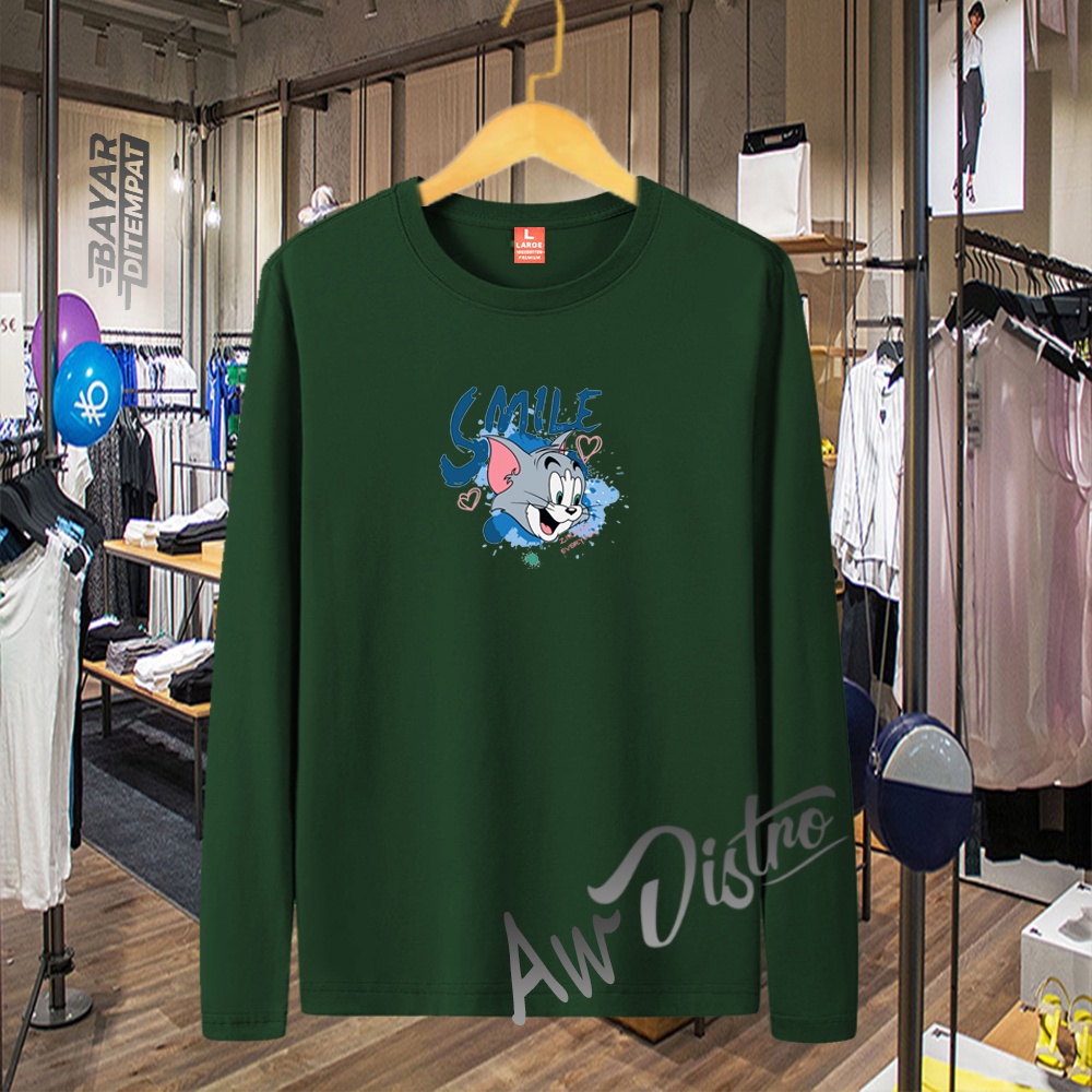 COD Baju Kaos Distro Smile Tom Jerry Teks Print Premium Quality Lengan Panjang Kaos Tulisan Kaos Kata-Kata Kaos Sablon Big Size