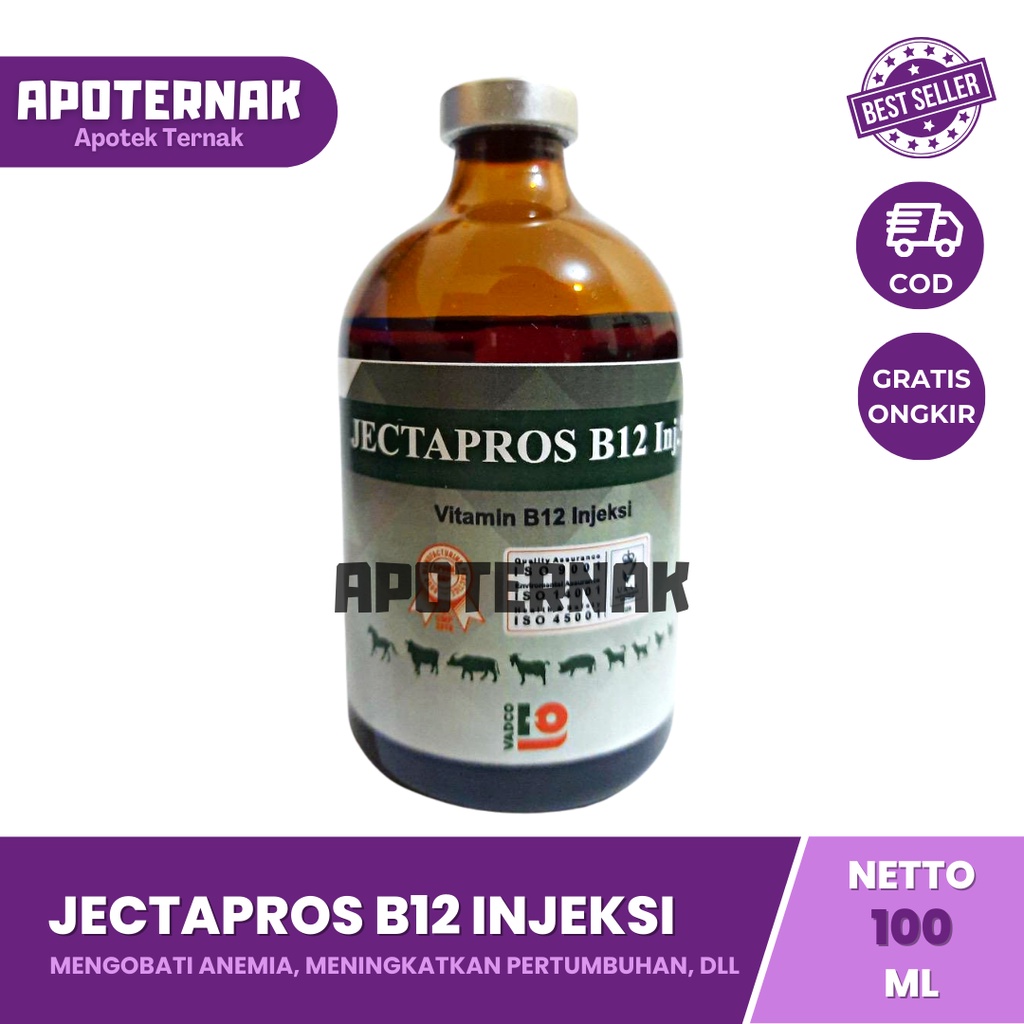 JECTAPROS B12 INJ | Vitamin B12 Hewan Ternak Sapi Kuda Kambing Babi Anjing | Seperti Jectavit B12 Sanbe | 100 mL | VADCO | Apoternak