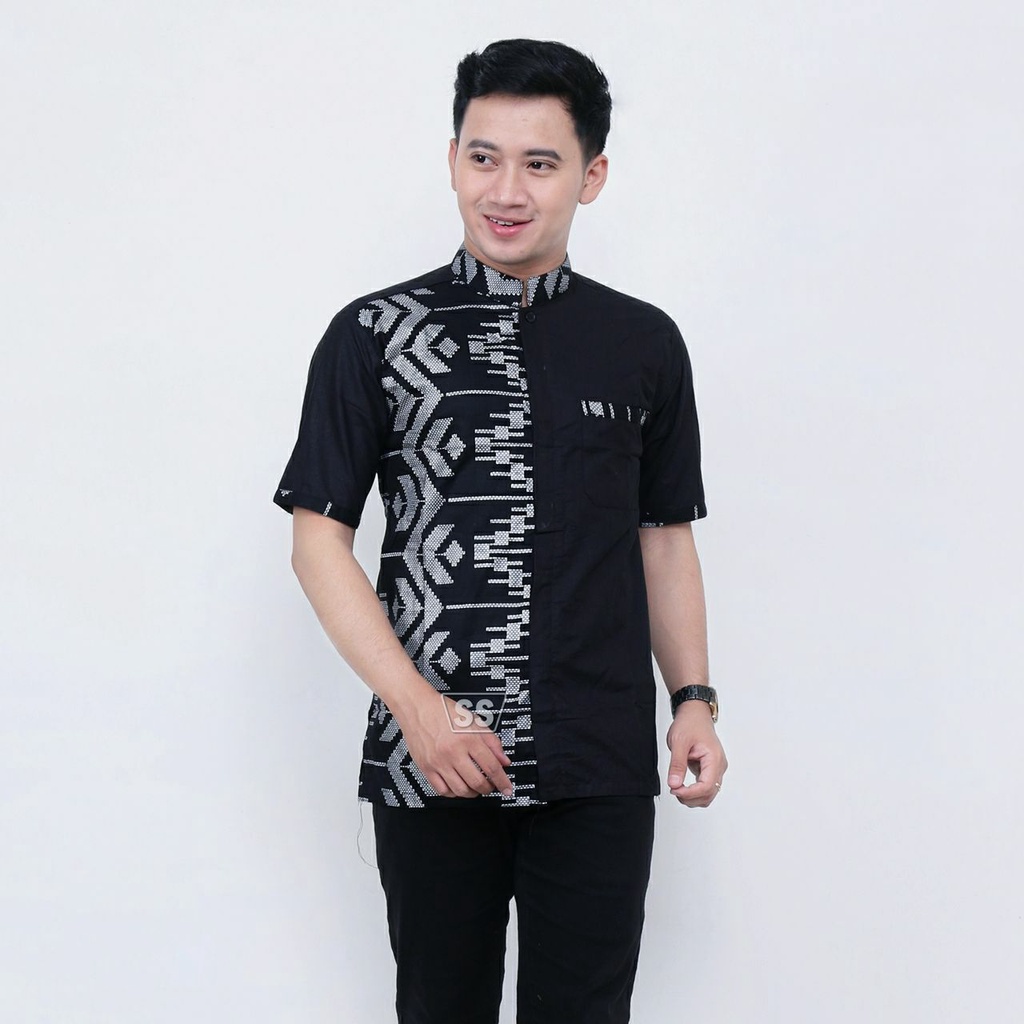 baju koko lengan pendek warna hitam motif bordir silver batik veldanava pekalongan