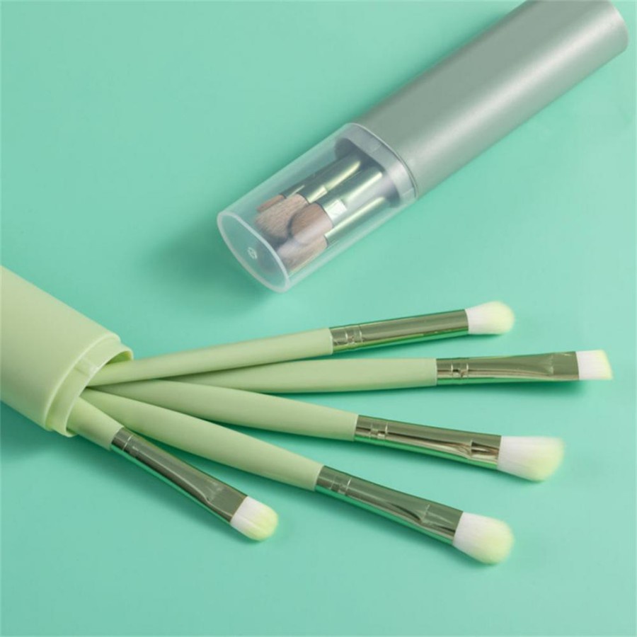 Make Up Brush Set Mini Tabung Green Series Kuas Rias Mata Isi 5 Pcs Bulu Halus