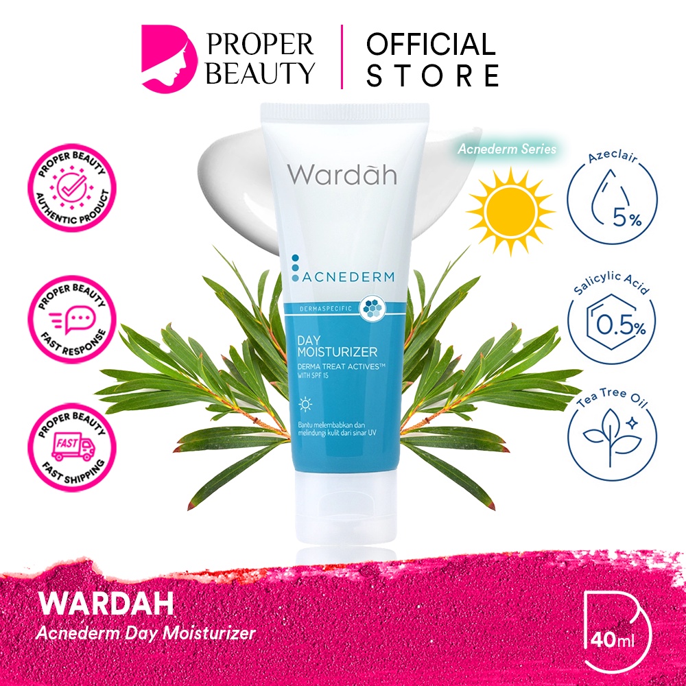 WARDAH Acnederm Day Moisturizer Indonesia / Pelembab Wajah 40ml / Derma Treat Actives With SPF 15 Bantu Melembabkan Dan Melindungi Kulit Dari Sinar UV / Sunscreen Sunblock Skincare Face Care Series / Foaming Cleanser Toner Serum Night Acne Spot Gel Powder