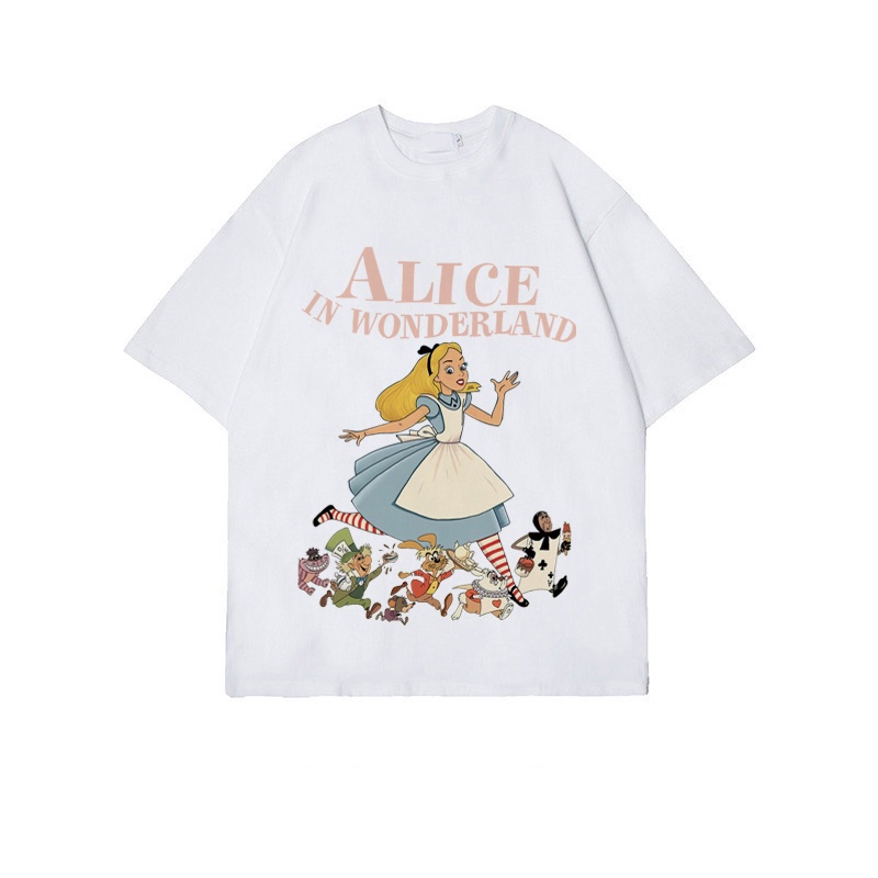 Premium Atasan Wanita Lengan Pendek/Fairy Tales Cartoon Graffiti Print T-shirt Kekinian Kaos Cream