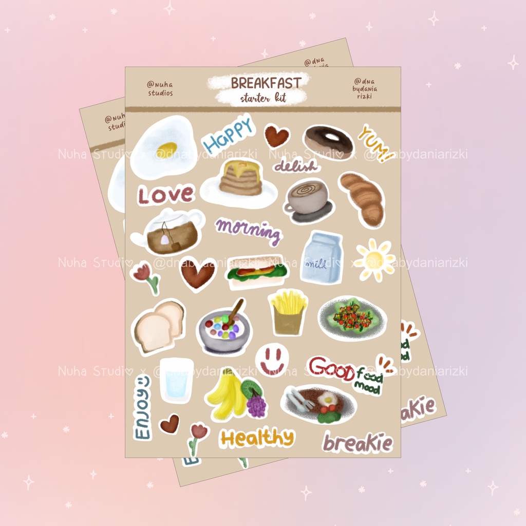 

Sticker by dnabydaniarizki | Breakfast menu Telur Teh Pancake Kopi Croissant Donat Sandwich Roti Salad Pisang | Aesthetic Sticker Estetik Stiker HP Laptop Botol Cute Waterproof Scrapbook Diary Journal Bujo Anti Air