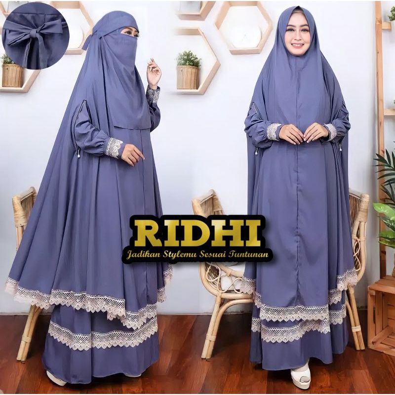 (Abu Grey) Set Setelan Gamis Malaika lengan khimar Resleting Bolong Roundhand zipper Renda free cada