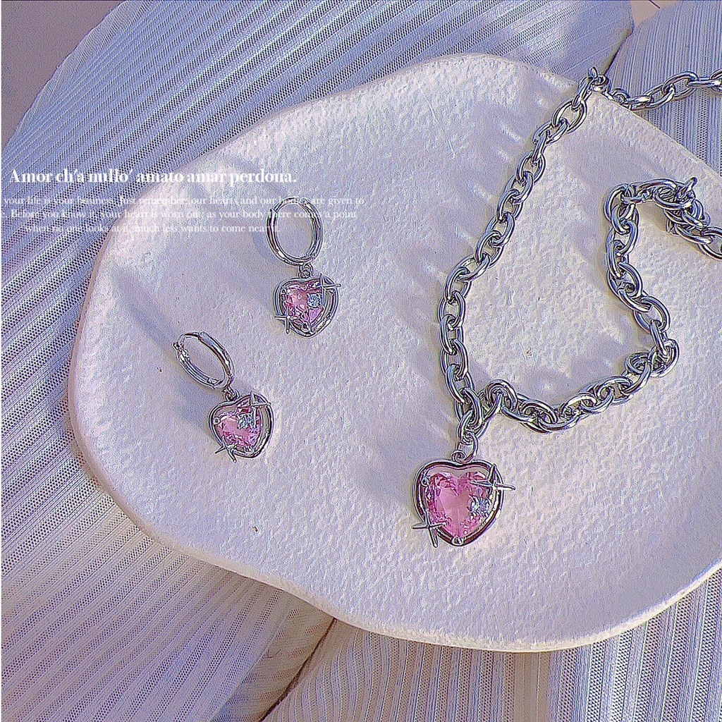 Sweet Pink Zircon Pendant Necklace Earring Ring Cupid Archery Rantai Kristal Choker Anting Rings Untuk Aksesoris Perhiasan Wanita
