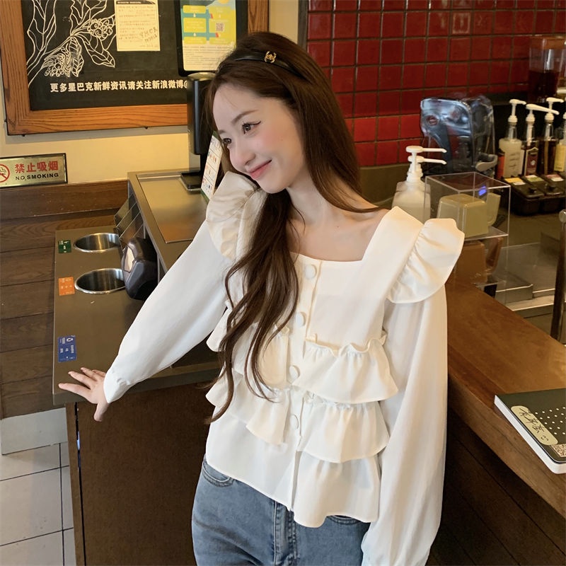 Atasan kerah persegi Prancis musim semi kemeja gaya asing baru