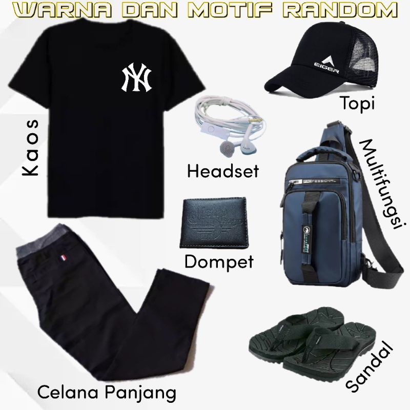 AFS - (7 IN 1) PAKET KOMPLIT FASHION PRIA, KAOS, CELANA PANJANG, HEADSET, DOMPET, TOPI, TAS MULTIFUN