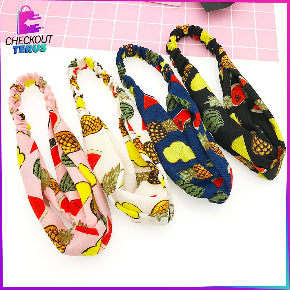 CT C64 Bando Wanita Korean Style Model Turban Karet Bahan Kain Motif Buah Bandana Simpul Kekinian Import