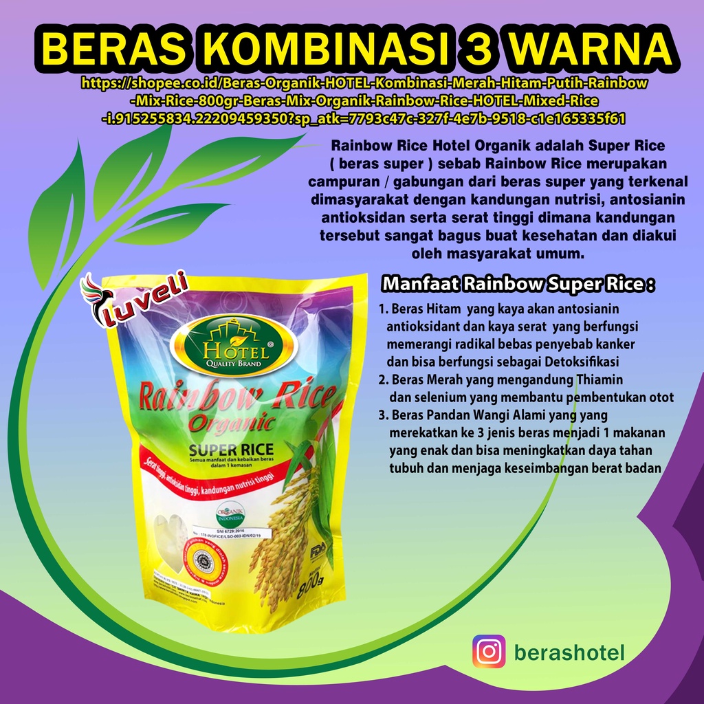 

Beras Organik HOTEL Kombinasi Merah Hitam Putih - Rainbow Mix Rice 800gr - Beras Mix Organik - Rainbow Rice HOTEL - Mixed Rice