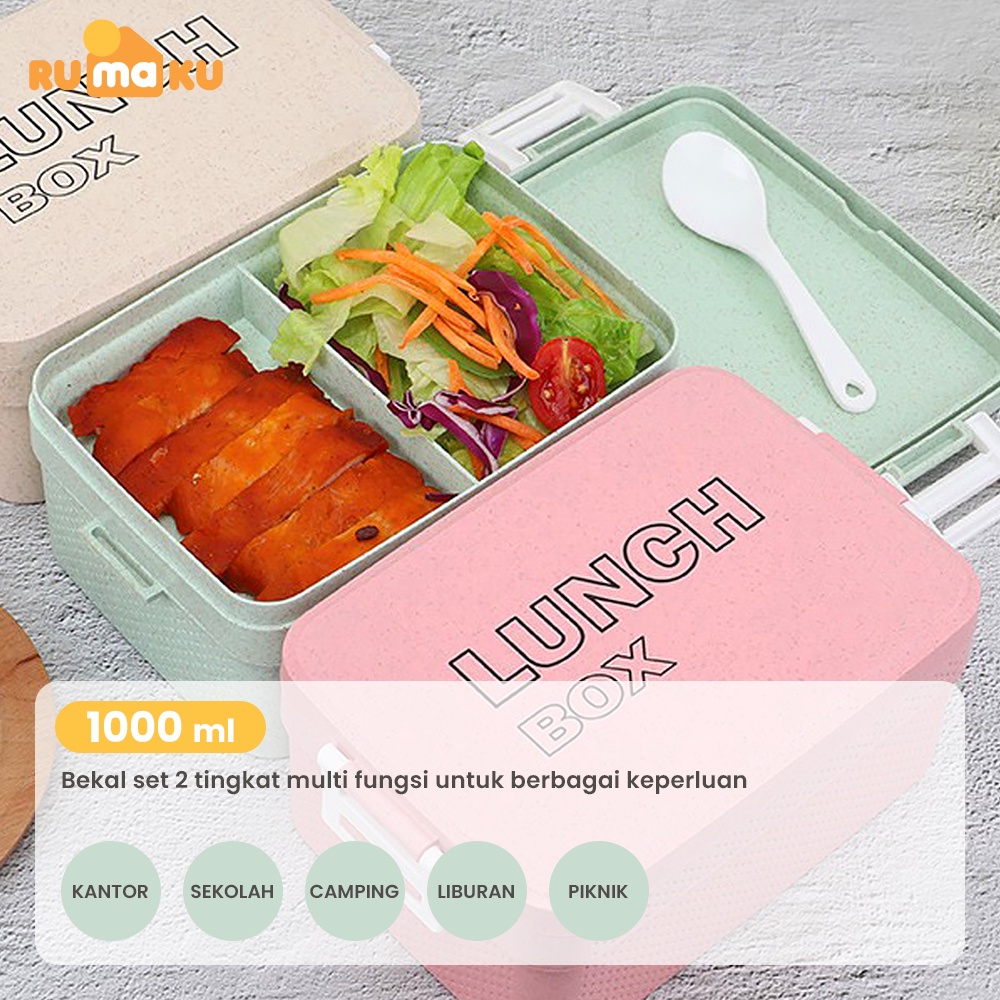 Rumaku Kotak Tempat Makan Kotak Bekal Lunchbox Jerami 2 Tingkat 1000 ml Free Sendok Food Grade