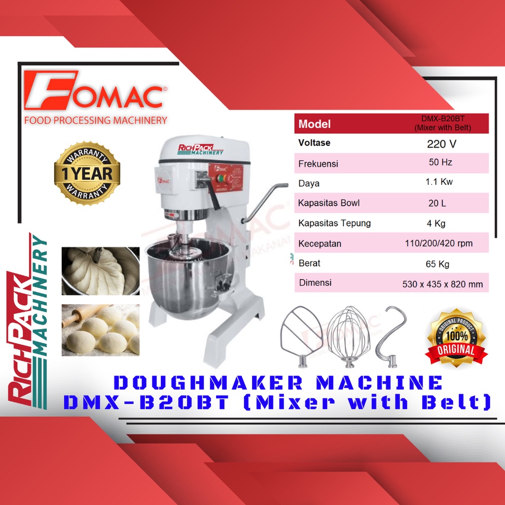Fomac DMX-B20BT Planetary Mixer 20 Liter BELT MODEL Mixer Roti