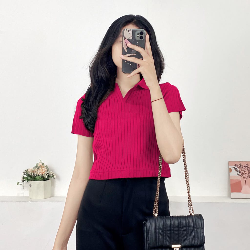 crop top rajut wanita kerah polo/polo wanita prilly crop top/atasan crop top rajut lengan pendek