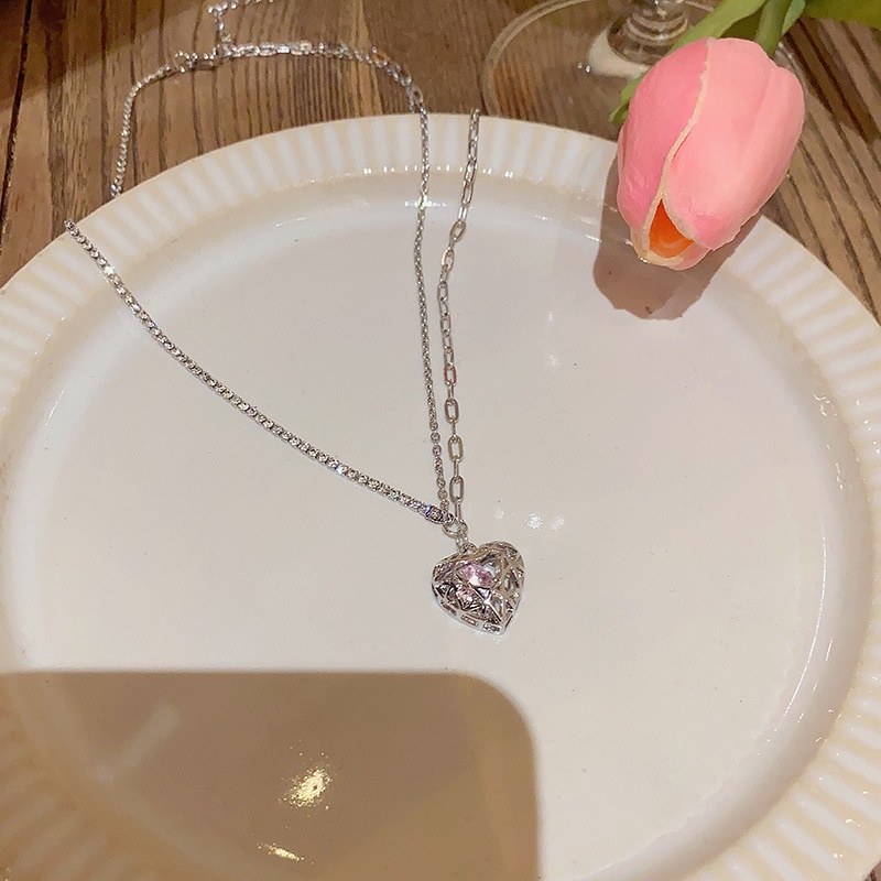 Gaya Baru Fashion Reticulated Pink Zirkon Jantung Kalung Lucu Wanita Perhiasan