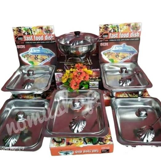 set prasmanan full kaca wadah saji makanan stenlis 5 kotak 1 bulat