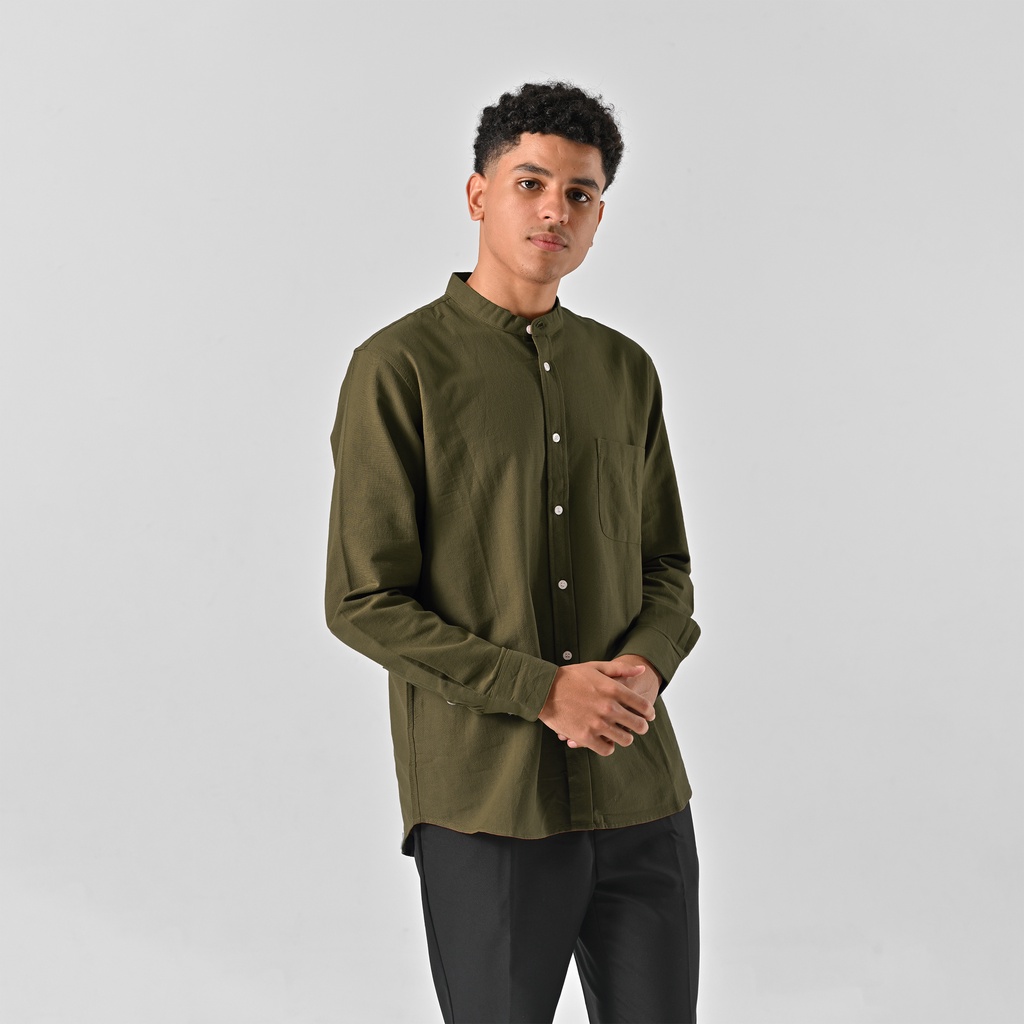 Kemeja Linen Panjang Pria Kerah Sanghai Koko Collarless Casual Premium Army By Higess
