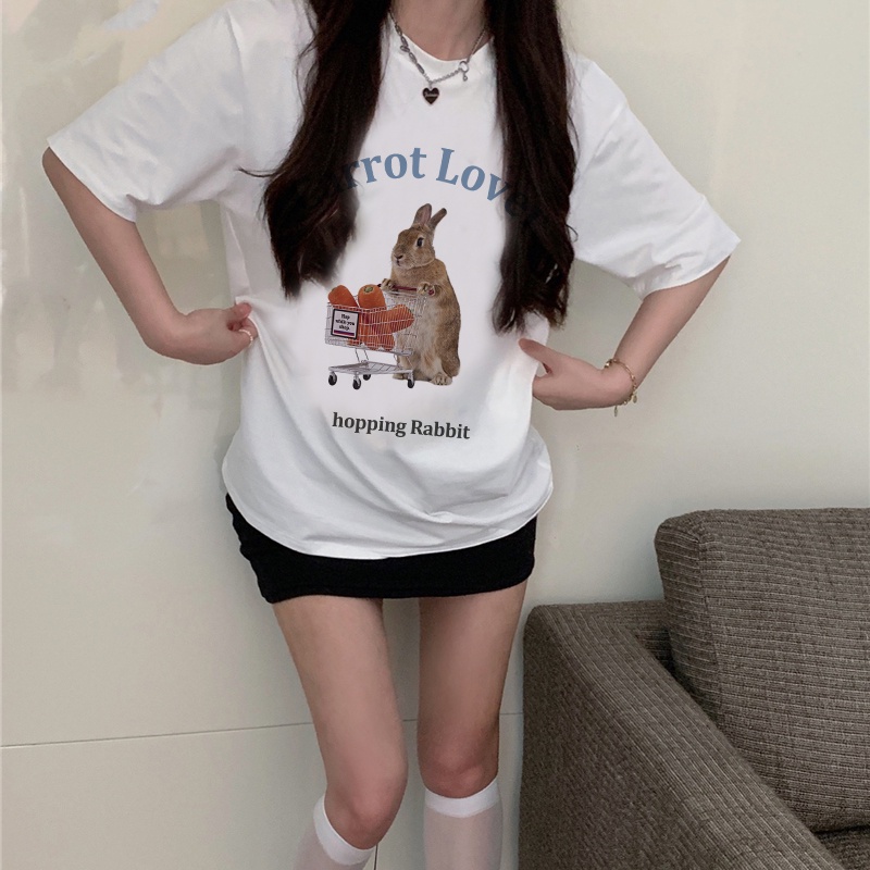 Print T-shirt Kaos Lengan Pendek Cartoon Shopping Rabit Baju Wanita Korean Style