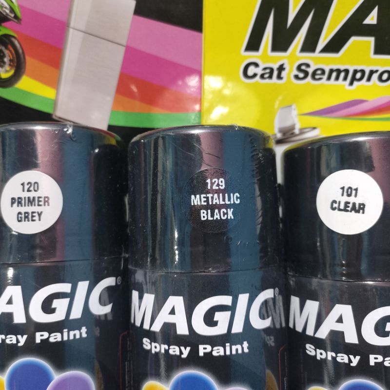 Pilok Pilox Cat Semprot Magic Paket Lengkap 3 Kaleng 300cc Paketan Hitam Metalik Black Metalic 129 Primer Grey Epoxy 120 Clear Pernis Glossy Mengkilap 101 Spray Paint