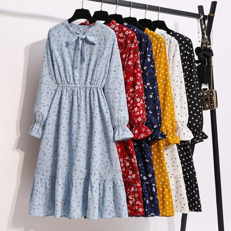 SIAP KIRIM Fashion Warna Hitam Bunga Biru Titik Gelombang Wanita Beach Midi Dress Korea Lengan Panja