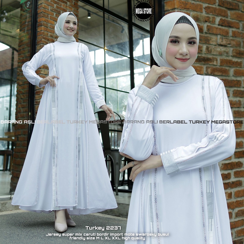 Gamis Abaya Turkey 2337 Dress Muslim Wanita Jumbo Abaya Putih Bordir Megastore