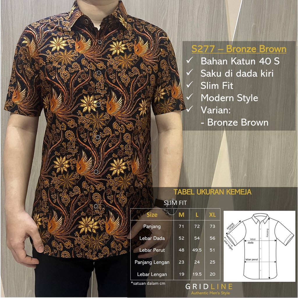 [GRIDLINE - S277 Bronze Brown &amp; S345 Dark Navy - Midnight Black] Kemeja Batik Slimfit Pria Katun Lengan Pendek Motif Keren Adem Bagus Murah Menyerap Keringet Elegan Kantor Kerja M-XL