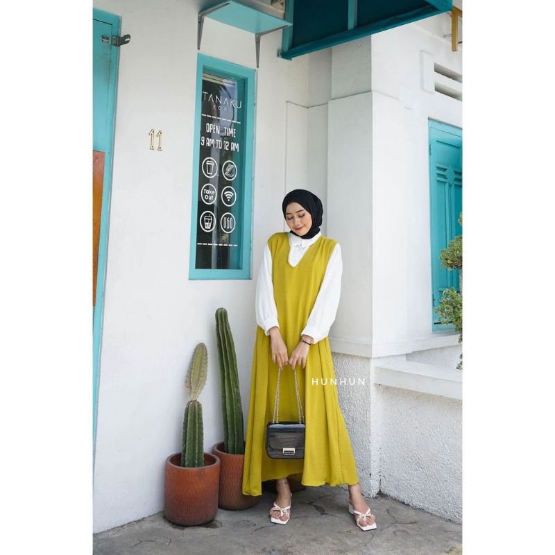 Flora Midi Dress 2in1 Bahan Crinkle Airflow Premium Dress Blouse Panjang Setelan Kemeja Dress