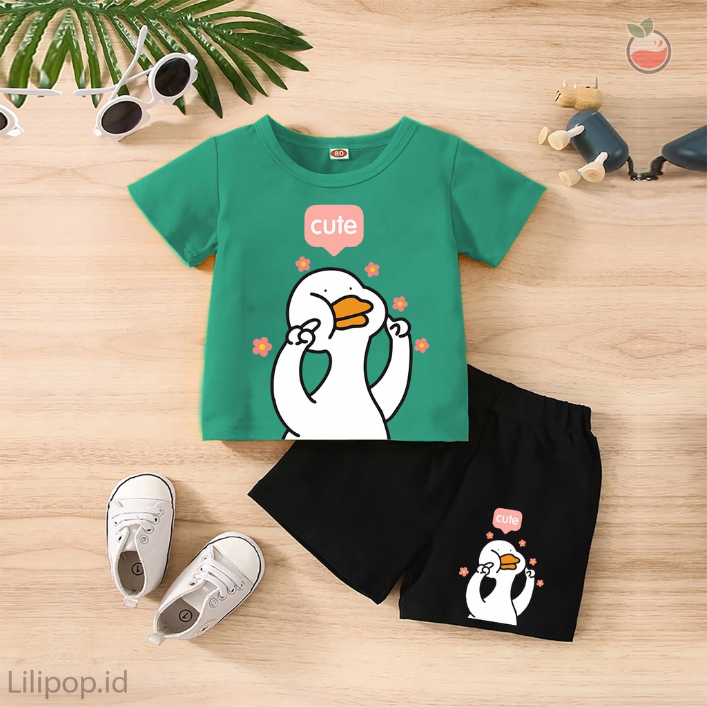 Baju Anak Stelan Kaos 3/4  DUCK CUTE Cowok Cewek  Usia 1 - 4 Tahun Celana Pendek Harian