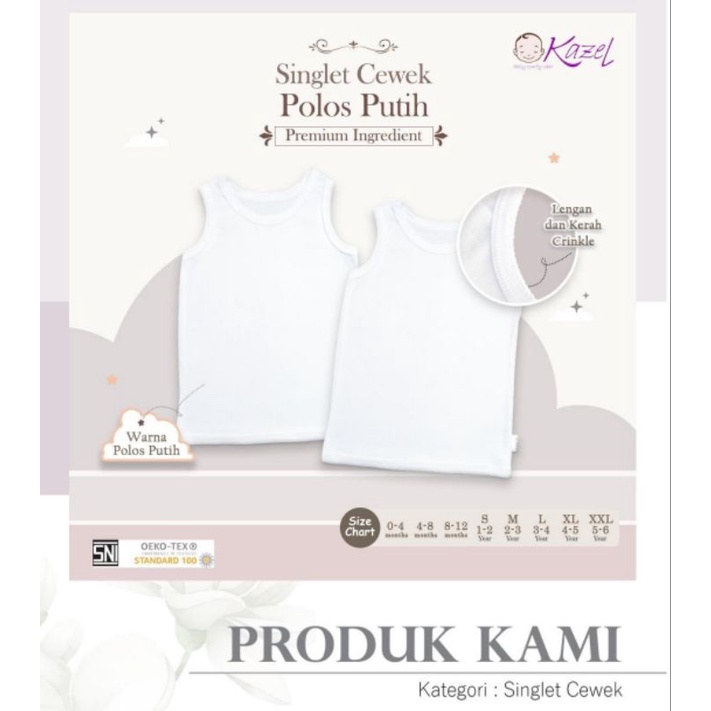 Kazel Singlet Polos Putih Untuk Bayi dan Anak Isi 6 Pcs