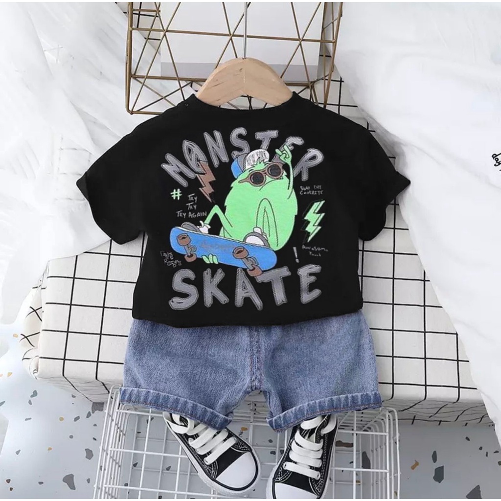 SETELAN ANAK SETELAN KAOS CELANA PENDEK DENIM ANAK UMUR 1-5 TAHUN SETELAN MONNSSTER SEKATE BAJU PAKAIAN ANAK LAKI LAKI PEREMPUAN OUTFIT ANAK MASA KINI TERBARU PAKAIAN ATASAN ANAK KASUAL TERMURAH