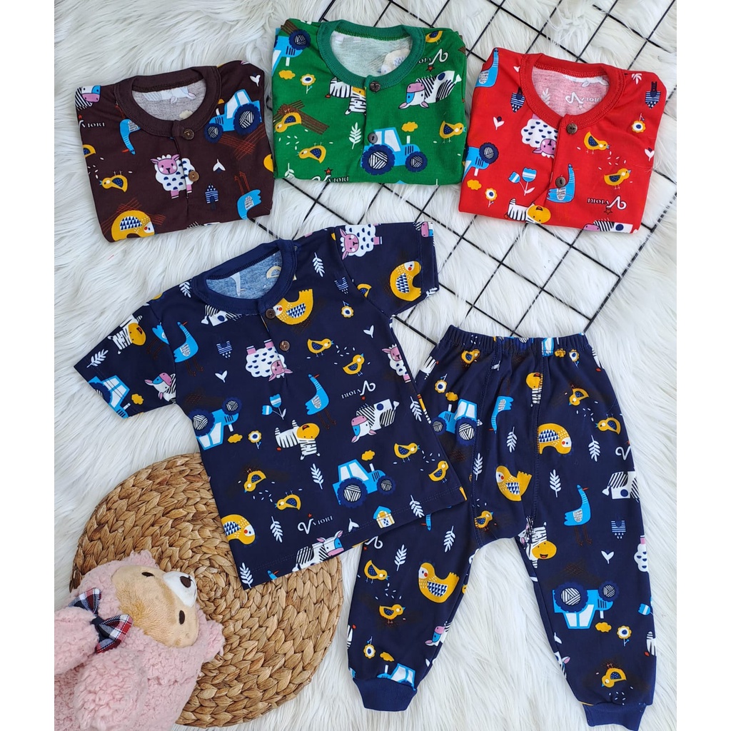 stelan baju bayi laki laki perempuan lucu murah motif PRINTING DOMBA (pendek panjang) KANCING WANGKI celana pampers3-18 bulan