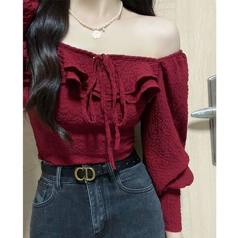 Red French square collar red shirt wanita musim gugur rasa desain ceruk ramping gaya barat gaya pendek cantik kemeja wanita kecil