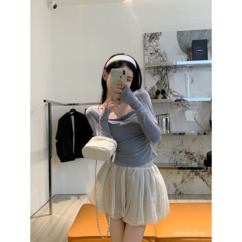 [✅BISA COD] #Sisjuly# Atasan kemeja kaos lengan panjang leher persegi pelangsing pinggang musim semi