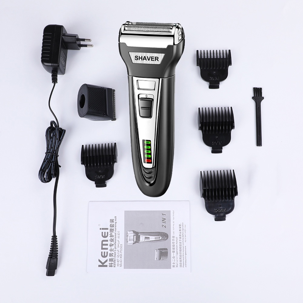 Kemei KM-PG501 Men's Electric Beard Shaver 2 in 1 Wet Dry Cordless Hair Trimmer USB Rechargeable Hair Trimmer Facial Care