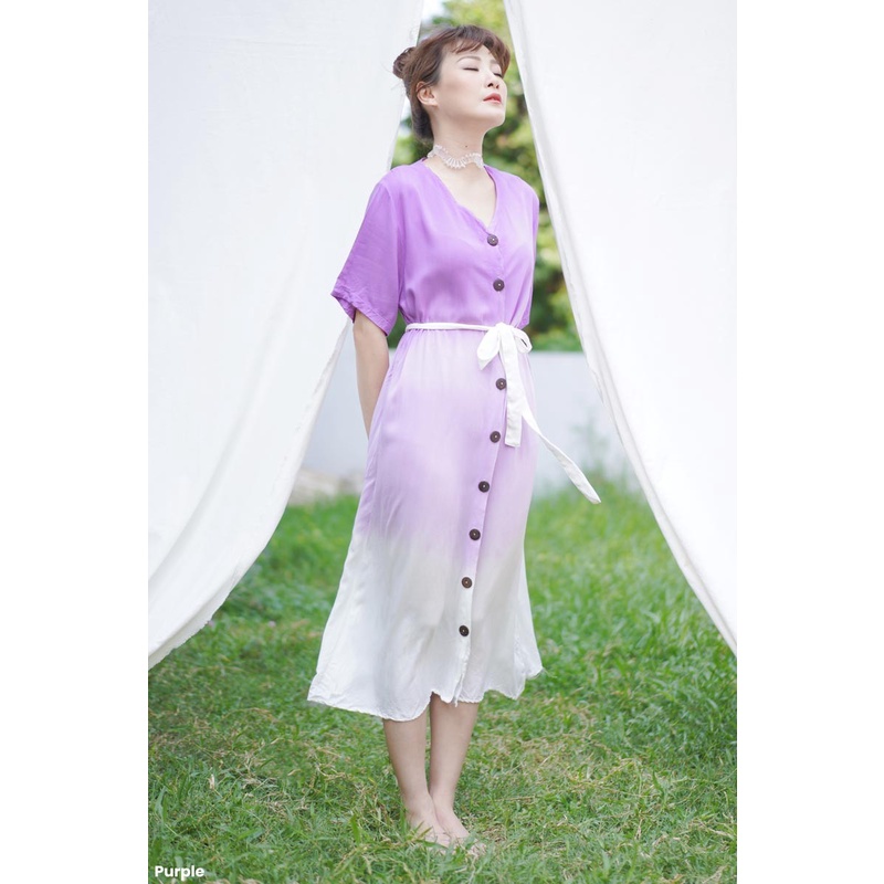 JANE COLLECTION || Maxi Dress Casual Tie Dye Ombre Katun Rayon Polos Jumbo XXL Free Belt Kancing Legian Dress Pantai OOTD Bali Flowy Putih V Neck