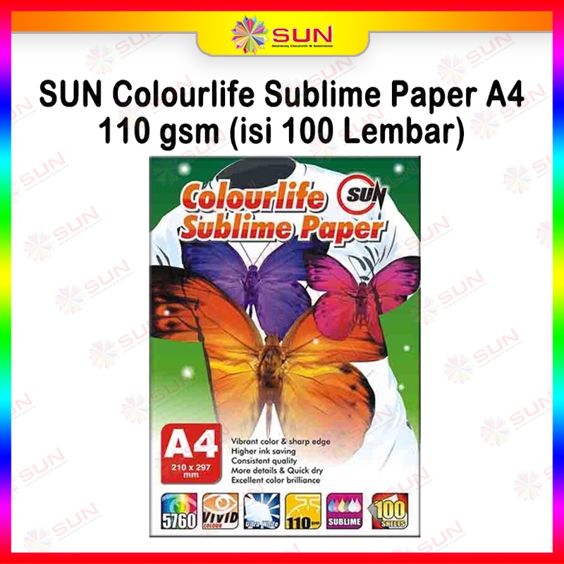 

Kertas Sablon Sublim Transfer Paper A4 /F4/A3 110 Gram - SUN Sublime Max / Colourlife Sublime Paper A4 isi 100 Lembar ( untuk mesin press mug, mesin press kaos, keramik, piring, topi, plat alumium, puzzle, bantal )