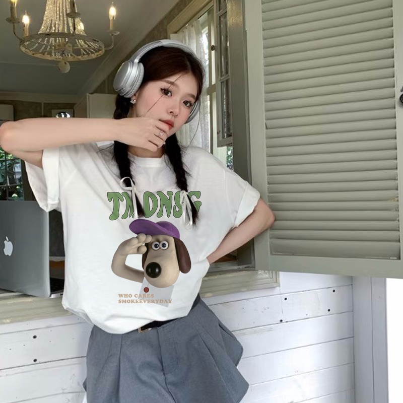 Print T-shirt Kaos Lengan Pendek Cartoon Saluting Dog Baju Wanita Oversize Korean Style