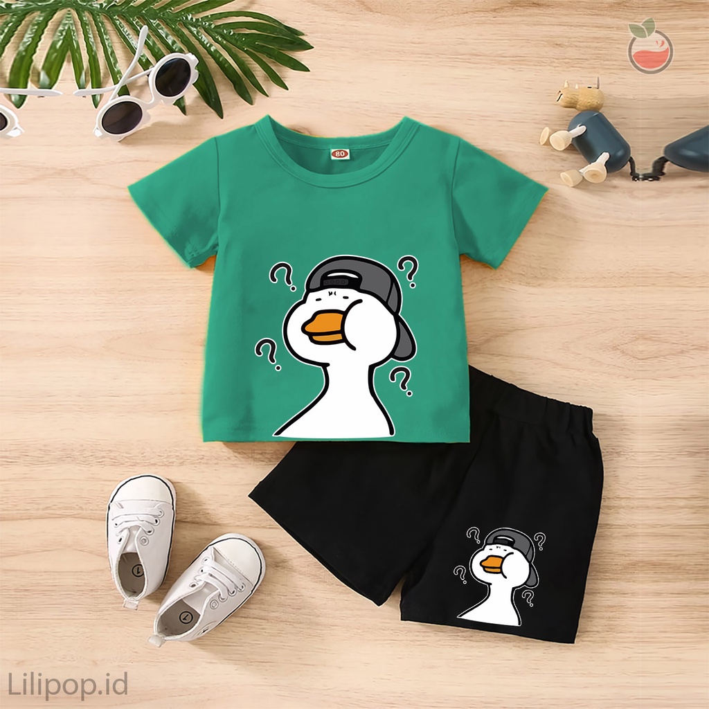 Baju Anak Stelan Kaos 3/4  BEBEK DUCK Cowok Cewek  Usia 1 - 4 Tahun Celana Pendek Harian