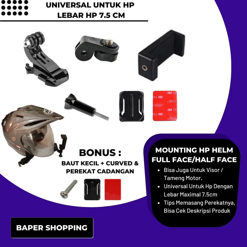Mounting HP Chin Mount Helm Half Face / Full Face / Vlog Dengan Handphone Dan Action Camera