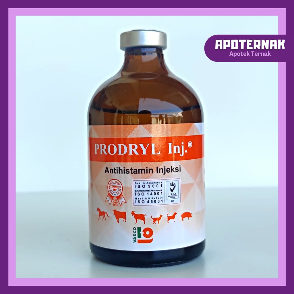 PRODRYL Injeksi 100 mL | Antihistamin Anti Alergi (Mirip Vetadryl Sanbe) | Untuk Sapi Kambing Kuda Anjing Kucing | VADCO | Apoternak