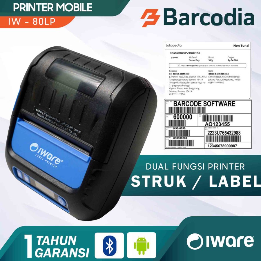 Printer Label Bluetooth - Printer Mobile Thermal 80MM IWARE IW-80LP /  Mobile Printer Thermall 80mm