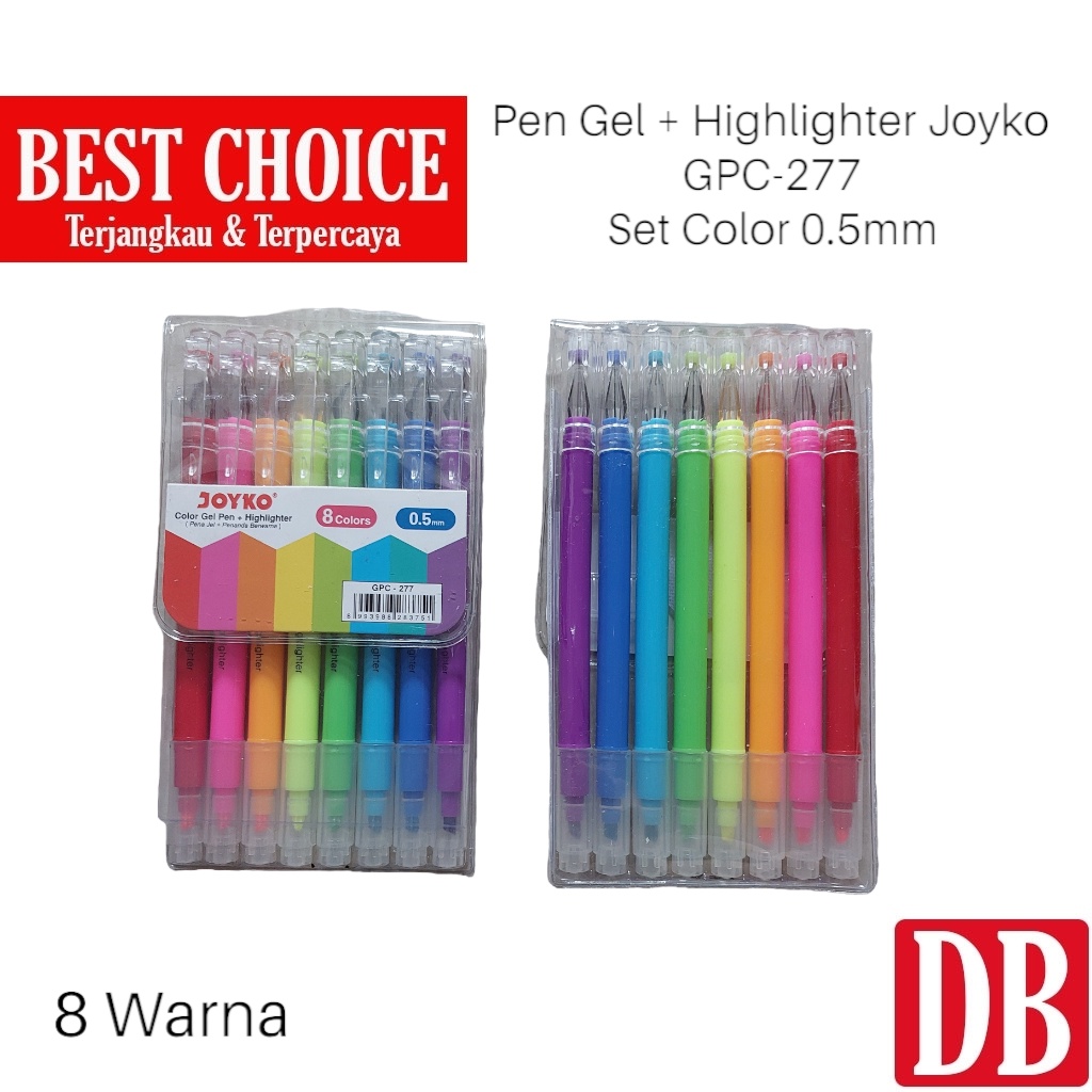 

Set Color Gel Pen Joyko + Highlighter Double Sided GPC-277 8 Warna 0.5mm