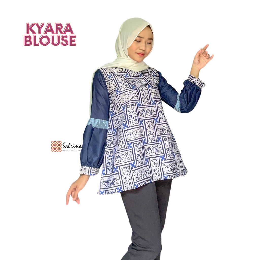 Kyara Blouse Batik Wanita Modern Kekinian Cap Katun Navy Elegan