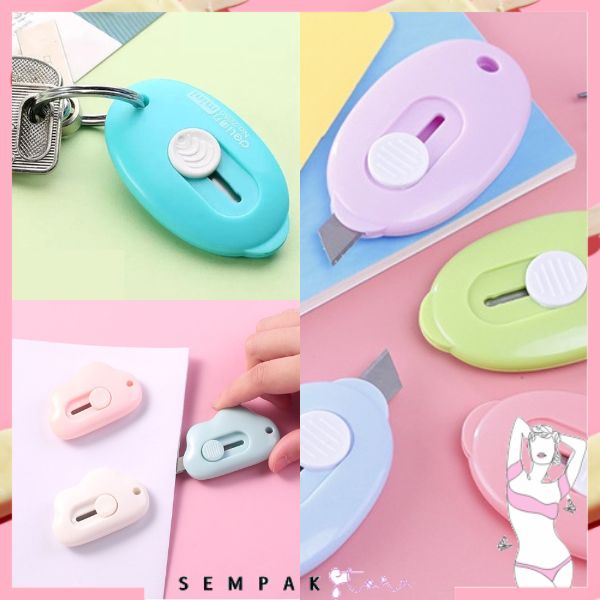 SS Cutter Mini Portable Bentuk Oval Mini Cutter Polos Travel Kit Pemotong Kertas Paper Cutter Lucu Bentuk Awan Warna Pastel Untuk Unboxing Paket