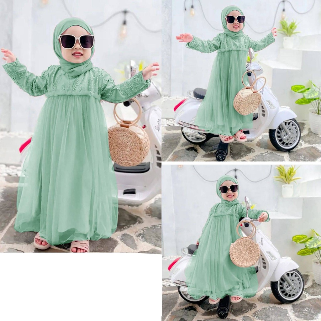 Gamis Anak Perempuan Brukat Trend Terbaru 2023 Sage Green Lilac Hijau Sage Syari Renata Kid Gaun Ana