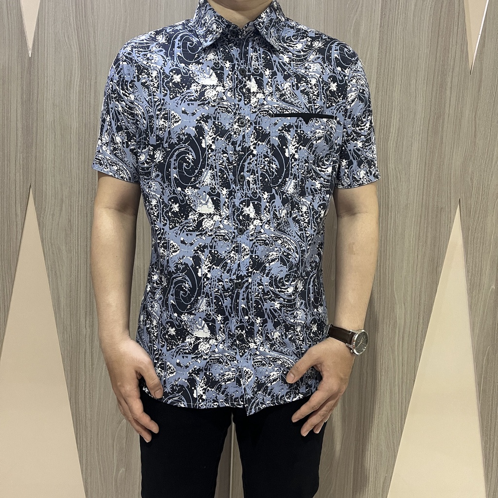 [GRIDLINE - S286 Atlantic Grey &amp; Blue] Kemeja Print Slimfit Pria Katun Lengan Pendek Casual Simpel Keren Berkualitas Premium Adem