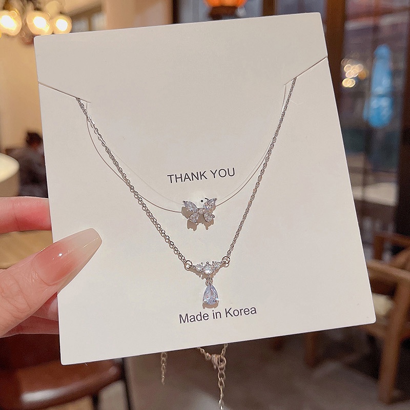 Indah Zirkon Kupu-Kupu Liontin Kalung Rasa Tinggi Double-layer Berbentuk Drop Choker Necklaces