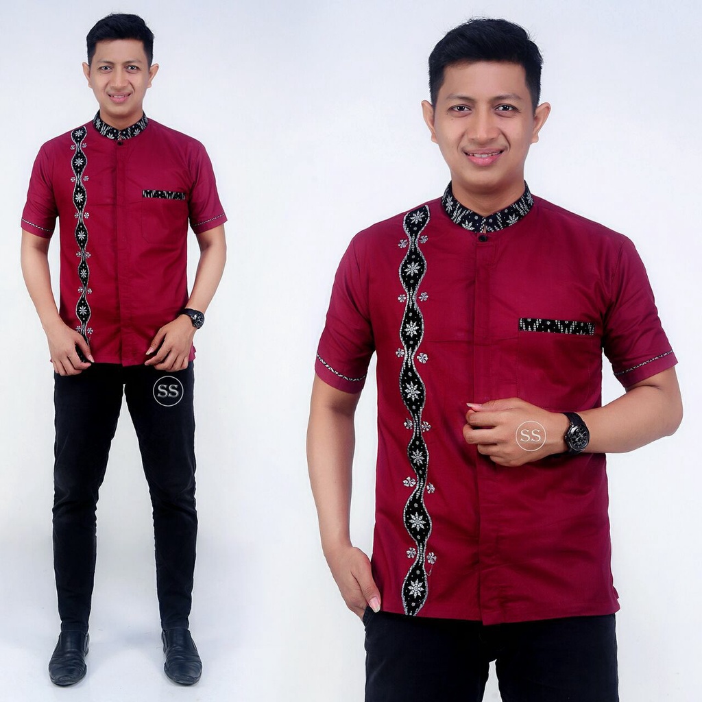 Baju Koko Pria Dewasa Muslim Spesial Warna Merah Marun Maroon Seragam Hadroh Kekinian BATIK VELDANAV