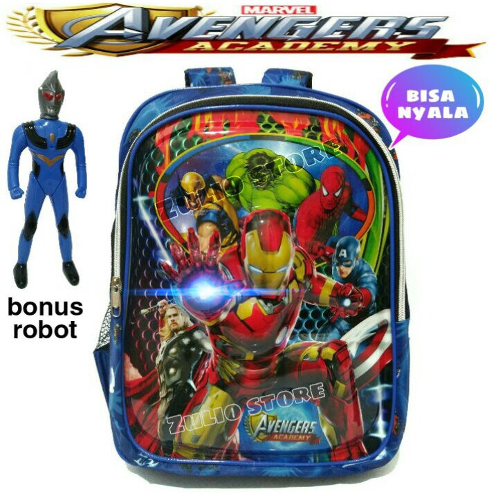 TAS SEKOLAH ANAK LAKI TK KARAKTER AVENGER NYALA BONUS ROBOT TAS RANSEL ANAK LAKI LAKI